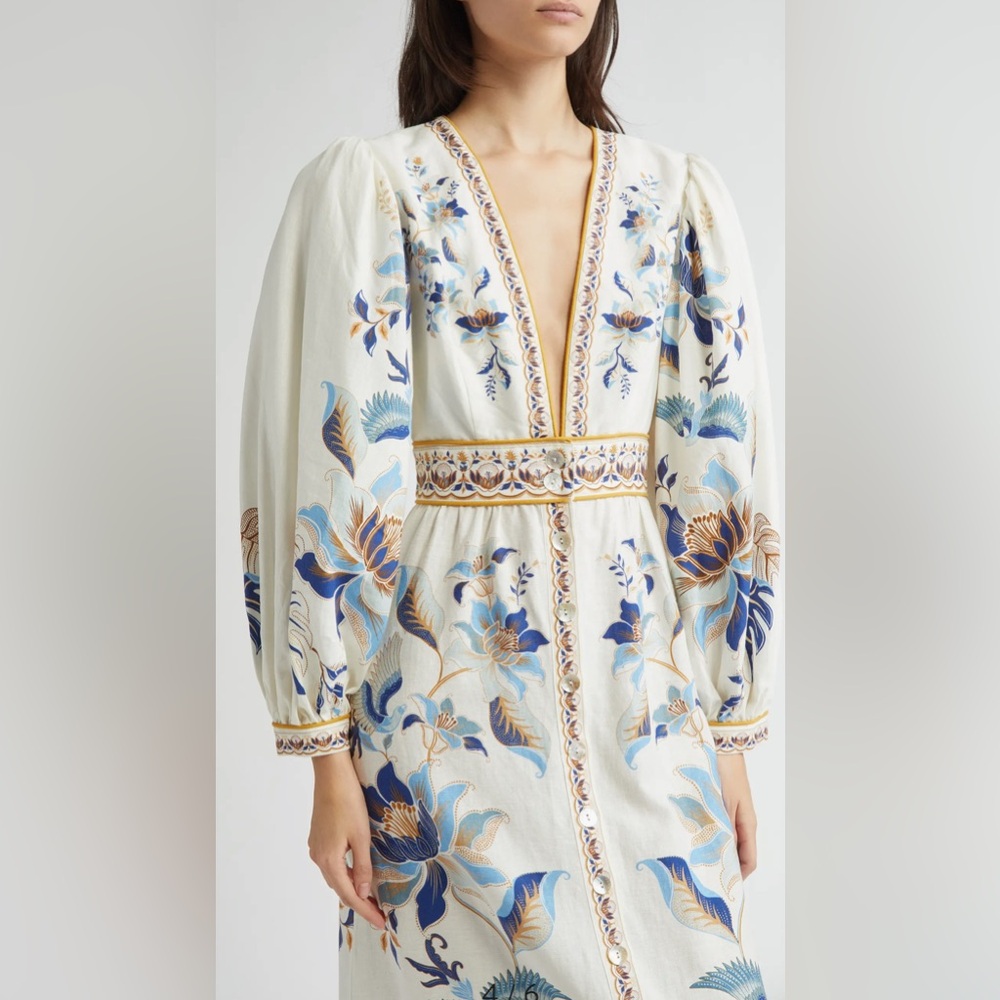 NWOT Sold Out FARM Rio Mystic Blue Lotus Maxi Dress Blue White Beige - Picture 4 of 13